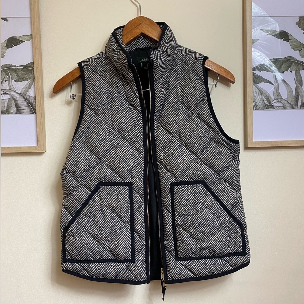 J.CREW Vest Womens S Herringbone Down Puffer Diamond Quilted Full Zip Black